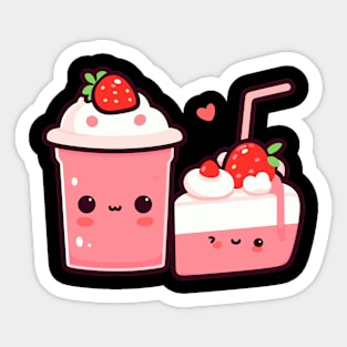 Kawaii Strawberry Ice Cream and Strawberry Cake with Hearts | Cute Kawaii Food Sticker